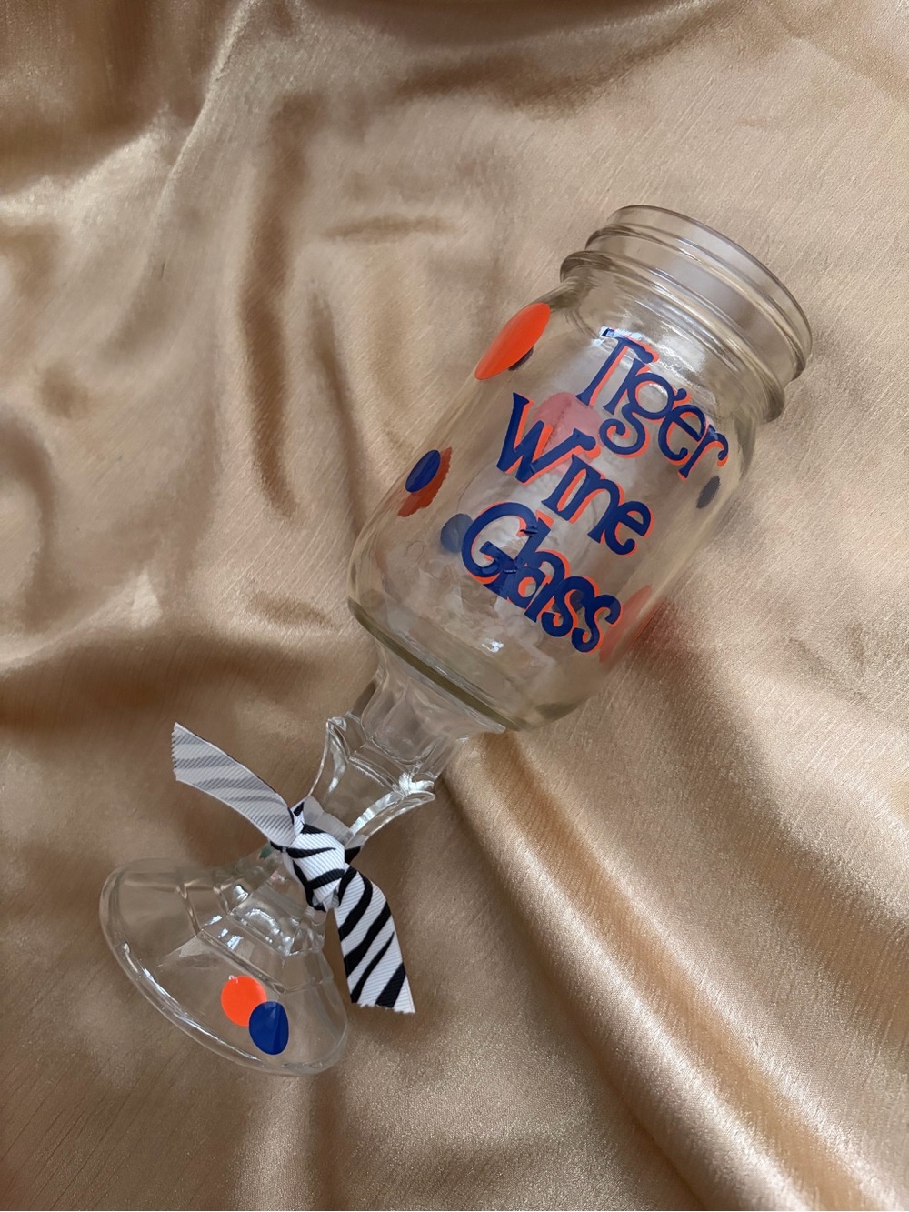 Mason Jar Wine Glass - Clear Glass with Orange & Blue Dots- Auburn Tigers